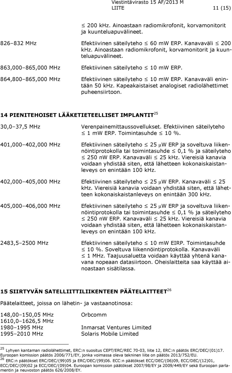 Kanavaväli enintään 50 khz. Kapeakaistaiset analogiset radiolähettimet puheensiirtoon. 14 PIENITEHOISET LÄÄKETIETEELLISET IMPLANTIT 25 30,0 37,5 MHz Verenpainemittaussovellukset.