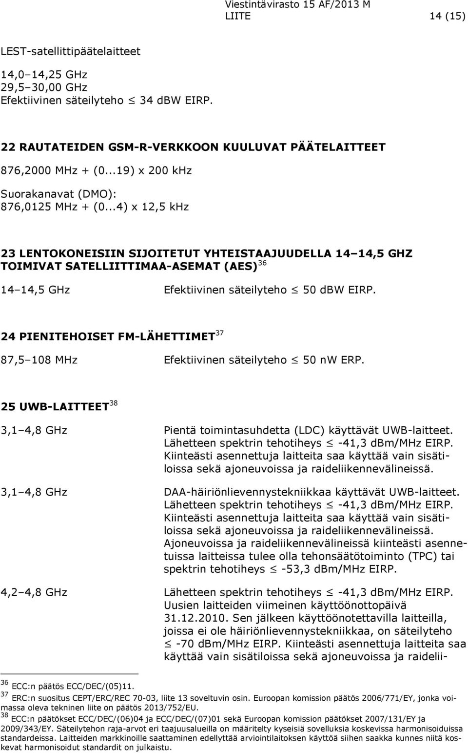 ..4) x 12,5 khz 23 LENTOKONEISIIN SIJOITETUT YHTEISTAAJUUDELLA 14 14,5 GHZ TOIMIVAT SATELLIITTIMAA-ASEMAT (AES) 36 14 14,5 GHz Efektiivinen säteilyteho 50 dbw EIRP.