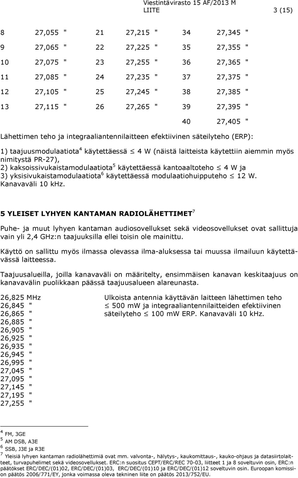 aiemmin myös nimitystä PR-27), 2) kaksoissivukaistamodulaatiota 5 käytettäessä kantoaaltoteho 4 W ja 3) yksisivukaistamodulaatiota 6 käytettäessä modulaatiohuipputeho 12 W. Kanavaväli 10 khz.