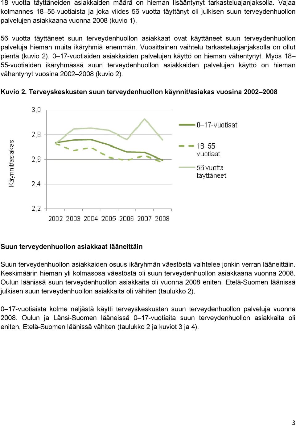 täyttäneet suun terveydenhuollon asiakkaat ovat käyttäneet suun terveydenhuollon palveluja hieman muita ikäryhmiä enemmän. Vuosittainen vaihtelu tarkasteluajanjaksolla on ollut pientä (kuvio 2).