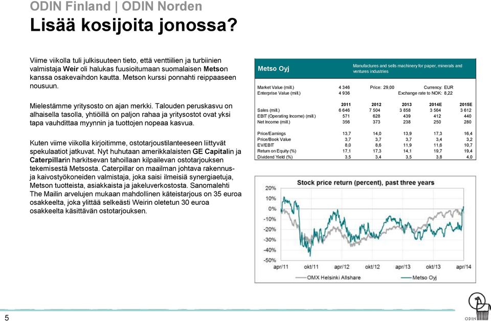 Metson kurssi ponnahti reippaaseen nousuun. Mielestämme yritysosto on ajan merkki.