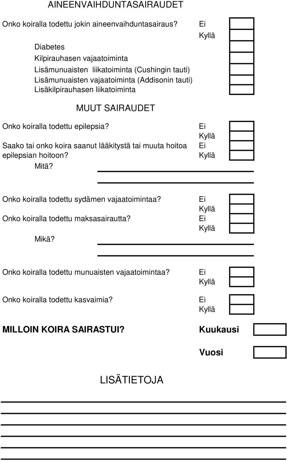Lisäkilpirauhasen liikatoiminta MUUT SAIRAUDET Onko koiralla todettu epilepsia?