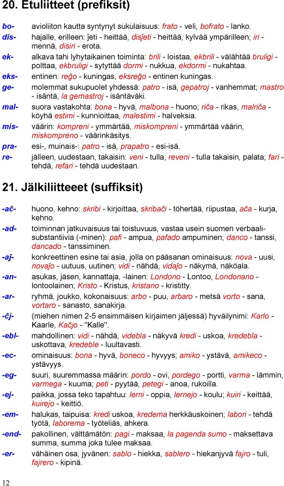 ek- alkava tahi lyhytaikainen toiminta: brili - loistaa, ekbrili - välähtää bruligi - polttaa, ekbruligi - sytyttää dormi - nukkua, ekdormi - nukahtaa.