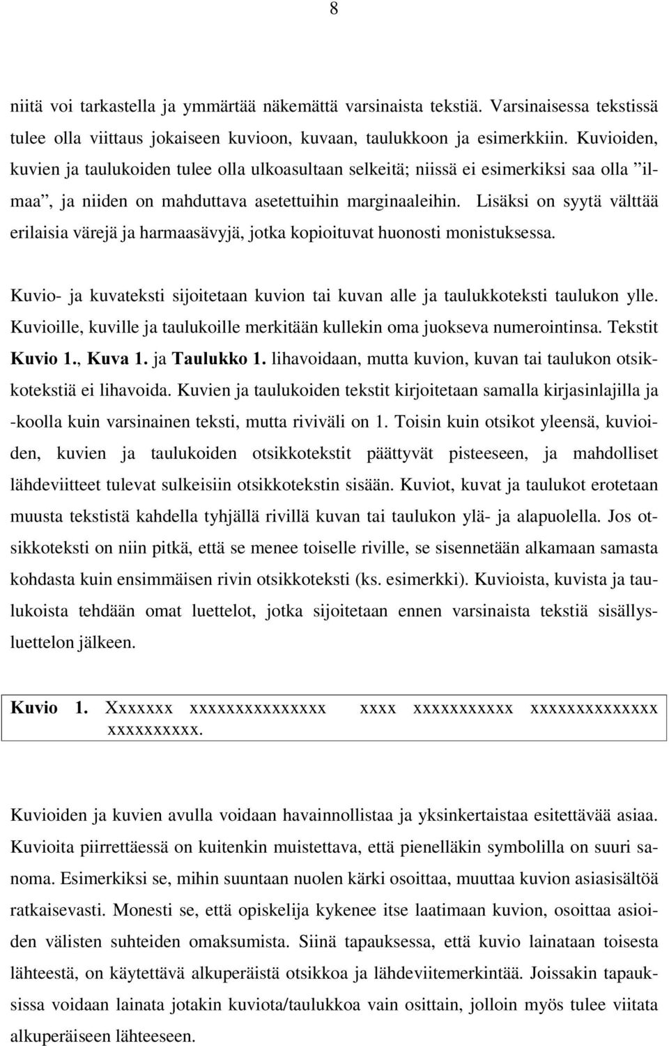 Lisäksi on syytä välttää erilaisia värejä ja harmaasävyjä, jotka kopioituvat huonosti monistuksessa. Kuvio- ja kuvateksti sijoitetaan kuvion tai kuvan alle ja taulukkoteksti taulukon ylle.