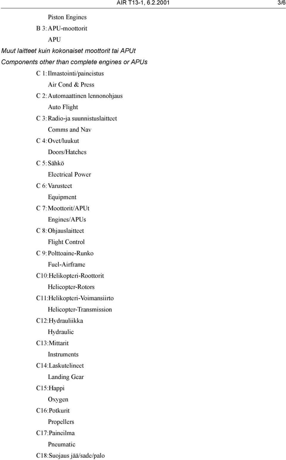 C 2:Automaattinen lennonohjaus Auto Flight C 3:Radio-ja suunnistuslaitteet Comms and Nav C 4:Ovet/luukut Doors/Hatches C 5:Sähkö Electrical Power C 6:Varusteet Equipment C