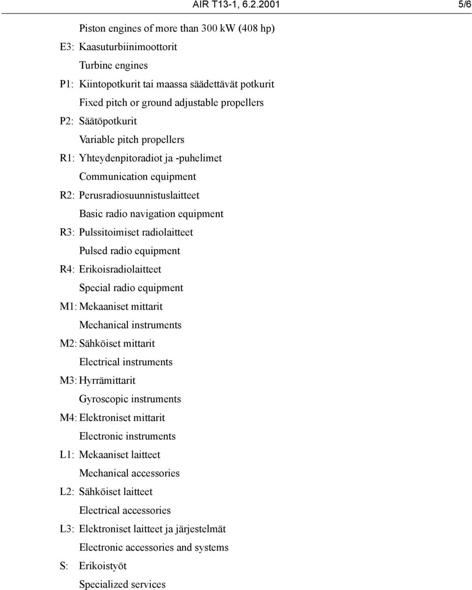 Säätöpotkurit Variable pitch propellers R1: Yhteydenpitoradiot ja -puhelimet Communication equipment R2: Perusradiosuunnistuslaitteet Basic radio navigation equipment R3: Pulssitoimiset radiolaitteet
