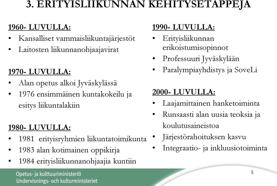 oppikirja 1984 erityisliikunnanohjaajia kuntiin 1990- LUVULLA: Erityisliikunnan erikoistumisopinnot Professuuri Jyväskylään Paralympiayhdistys ja