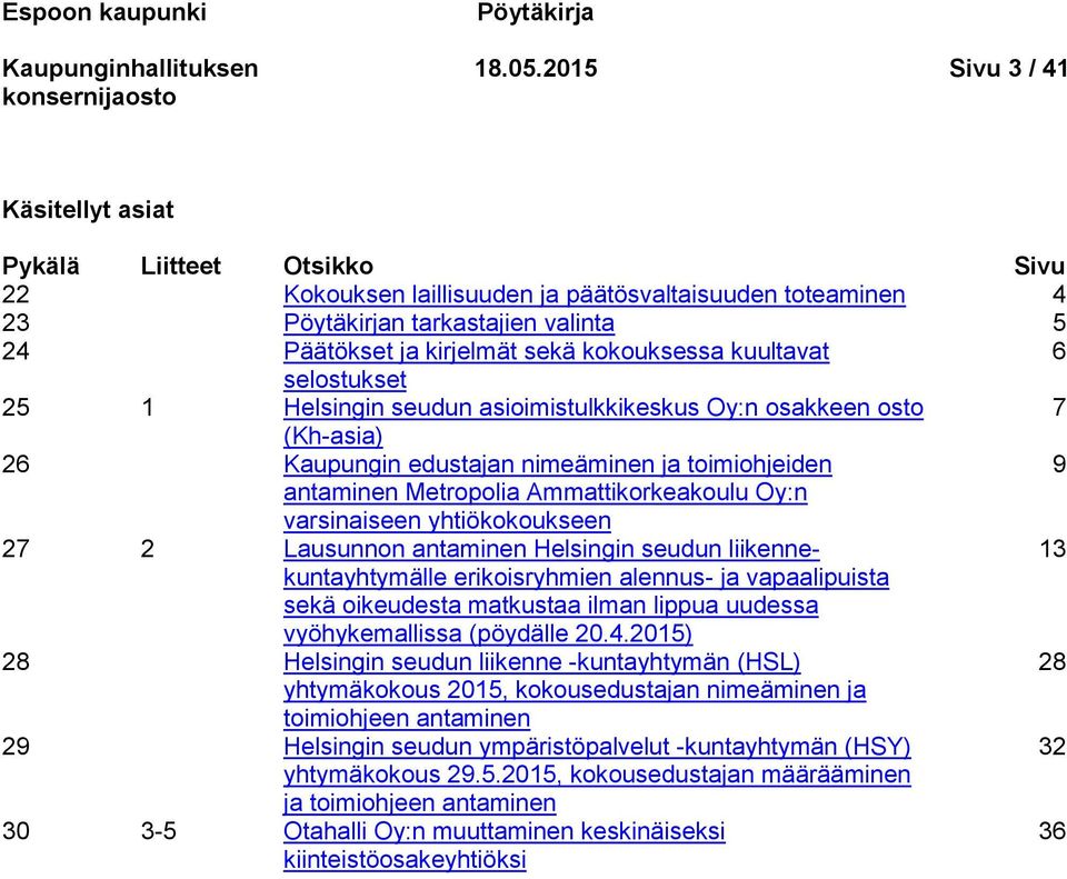 kokouksessa kuultavat 6 selostukset 25 1 Helsingin seudun asioimistulkkikeskus Oy:n osakkeen osto 7 (Kh-asia) 26 Kaupungin edustajan nimeäminen ja toimiohjeiden 9 antaminen Metropolia