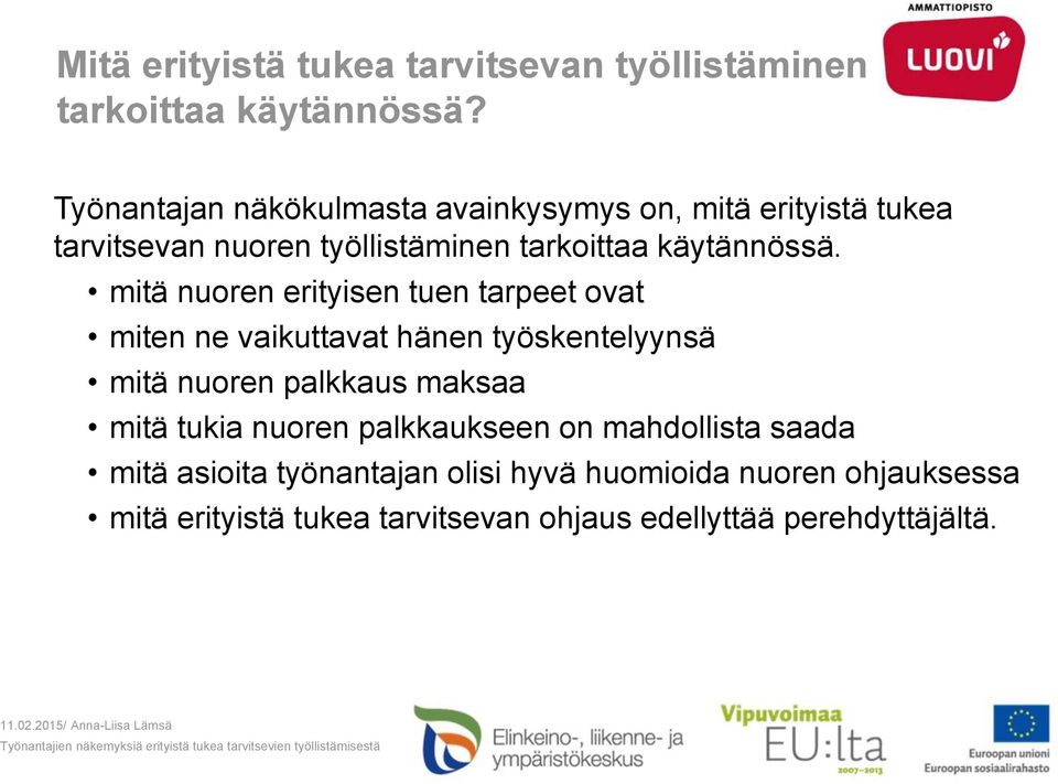 mitä nuoren erityisen tuen tarpeet ovat miten ne vaikuttavat hänen työskentelyynsä mitä nuoren palkkaus maksaa mitä tukia