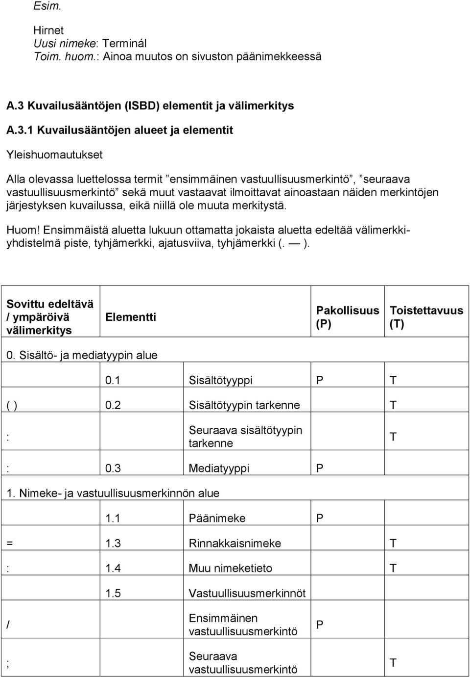 1 Kuvailusääntöjen alueet ja elementit Yleishuomautukset Alla olevassa luettelossa termit ensimmäinen vastuullisuusmerkintö, seuraava vastuullisuusmerkintö sekä muut vastaavat ilmoittavat ainoastaan