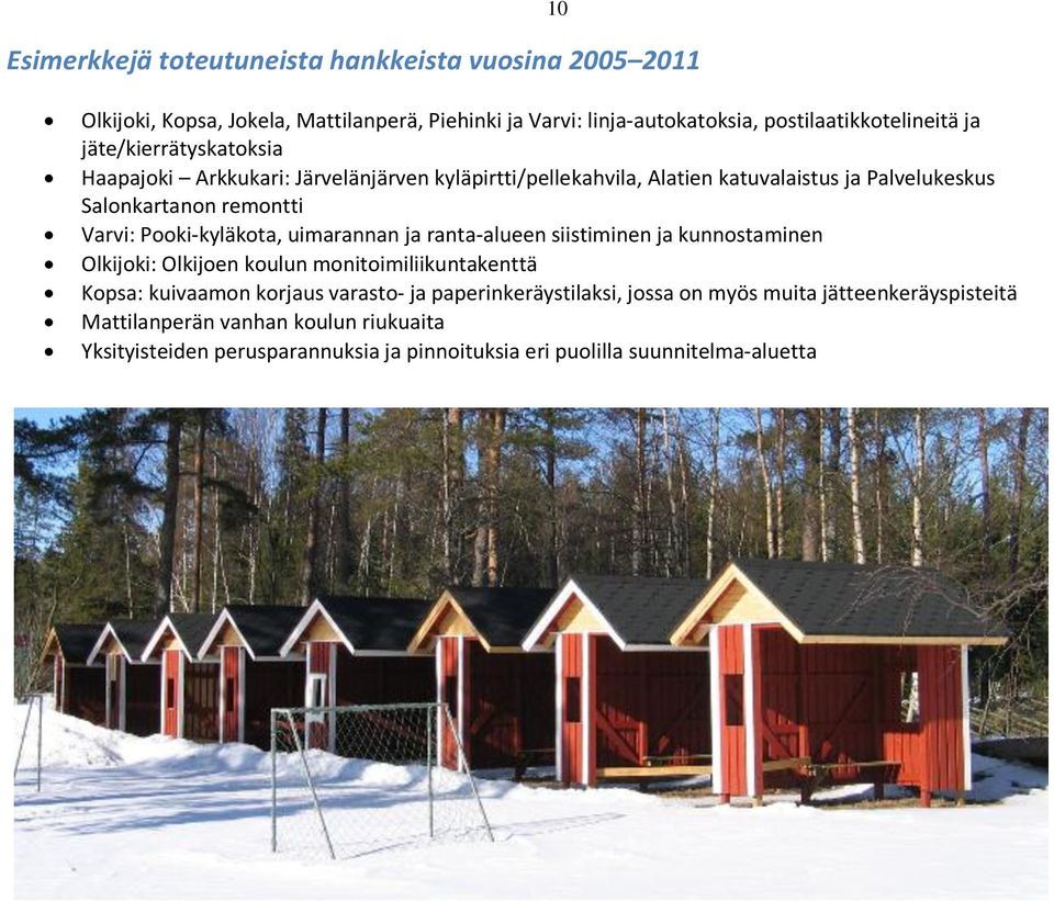 Pki-kyläkta, uimarannan ja ranta-alueen siistiminen ja kunnstaminen Olkijki: Olkijen kulun mnitimiliikuntakenttä Kpsa: kuivaamn krjaus varast- ja