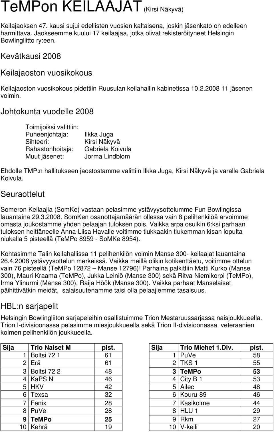 Kevätkausi 2008 Keilajaoston vuosikokous Keilajaoston vuosikokous pidettiin Ruusulan keilahallin kabinetissa 10.2.2008 11 jäsenen voimin.