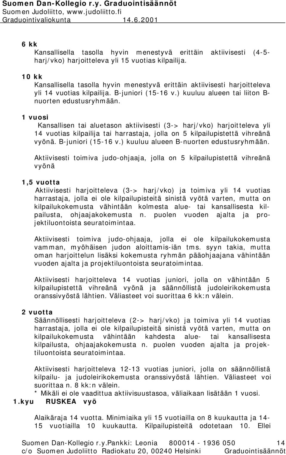 1 vuosi Kansallisen tai aluetason aktiivisesti (3-> harj/vko) harjoitteleva yli 14 vuotias kilpailija tai harrastaja, jolla on 5 kilpailupistettä vihreänä vyönä. B-juniori (15-16 v.