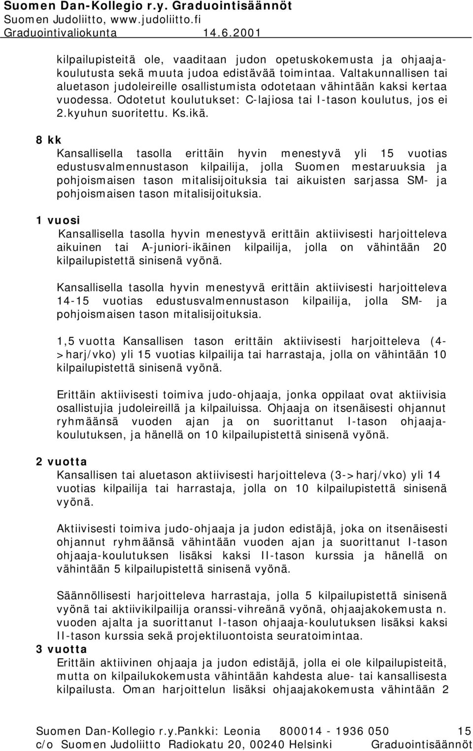 8 kk Kansallisella tasolla erittäin hyvin menestyvä yli 15 vuotias edustusvalmennustason kilpailija, jolla Suomen mestaruuksia ja pohjoismaisen tason mitalisijoituksia tai aikuisten sarjassa SM- ja