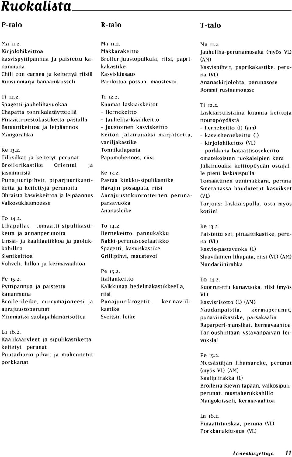 2. Lihapullat, tomaatti-sipulikastiketta ja annanperunoita Linssi- ja kaalilaatikkoa ja puolukkahilloa Sienikeittoa Vohveli, hilloa ja kermavaahtoa Pe 15.2. Pyttipannua ja paistettu kananmuna Broilerileike, currymajoneesi ja aurajuustoperunat Minimaissi-suolapähkinärisottoa La 16.