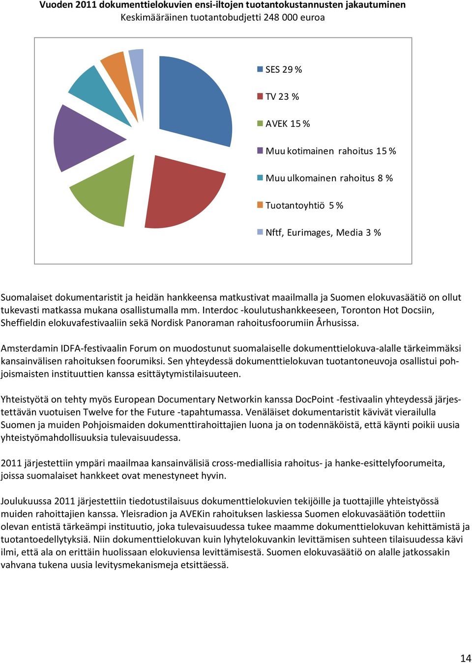 osallistumalla mm. Interdoc -koulutushankkeeseen, Toronton Hot Docsiin, Sheffieldin elokuvafestivaaliin sekä Nordisk Panoraman rahoitusfoorumiin Århusissa.