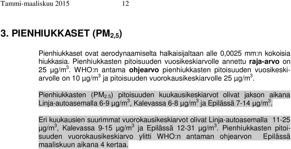 WHO:n antama ohjearvo pienhiukkasten pitoisuuden vuosikeskiarvolle on 1 µg/m 3 ja pitoisuuden vuorokausikeskiarvolle 25 µg/m 3. Pienhiukkasten (PM 2.