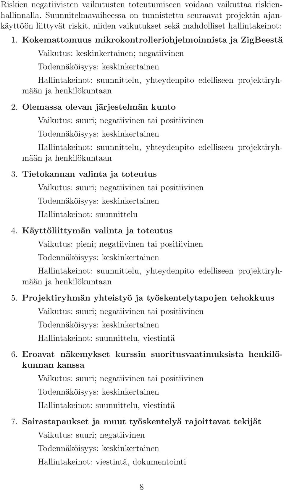 Kokemattomuus mikrokontrolleriohjelmoinnista ja ZigBeestä Vaikutus: keskinkertainen; negatiivinen Hallintakeinot: suunnittelu, yhteydenpito edelliseen projektiryhmään ja henkilökuntaan 2.