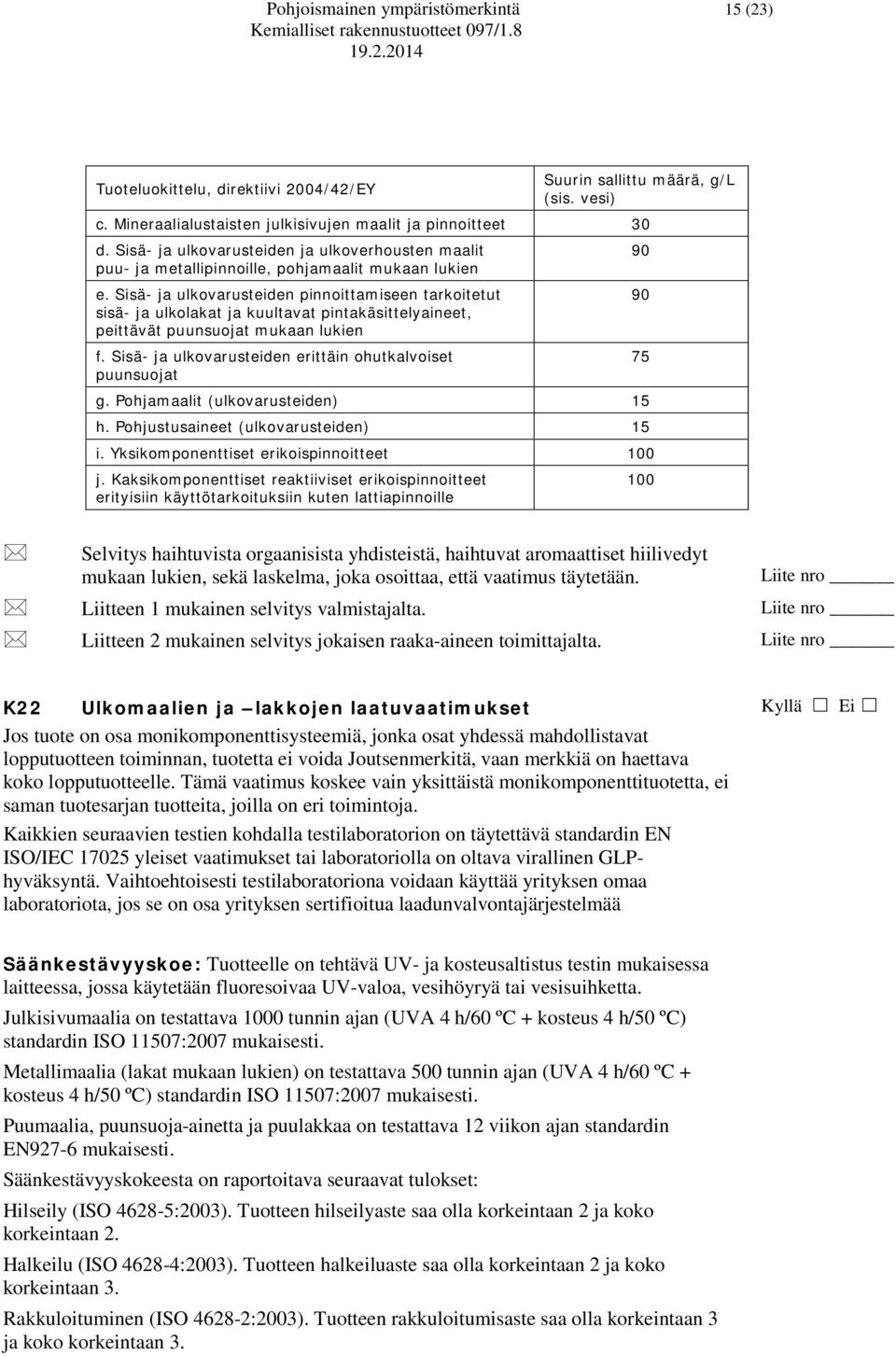 Sisä- ja ulkovarusteiden pinnoittamiseen tarkoitetut 90 sisä- ja ulkolakat ja kuultavat pintakäsittelyaineet, peittävät puunsuojat mukaan lukien f.