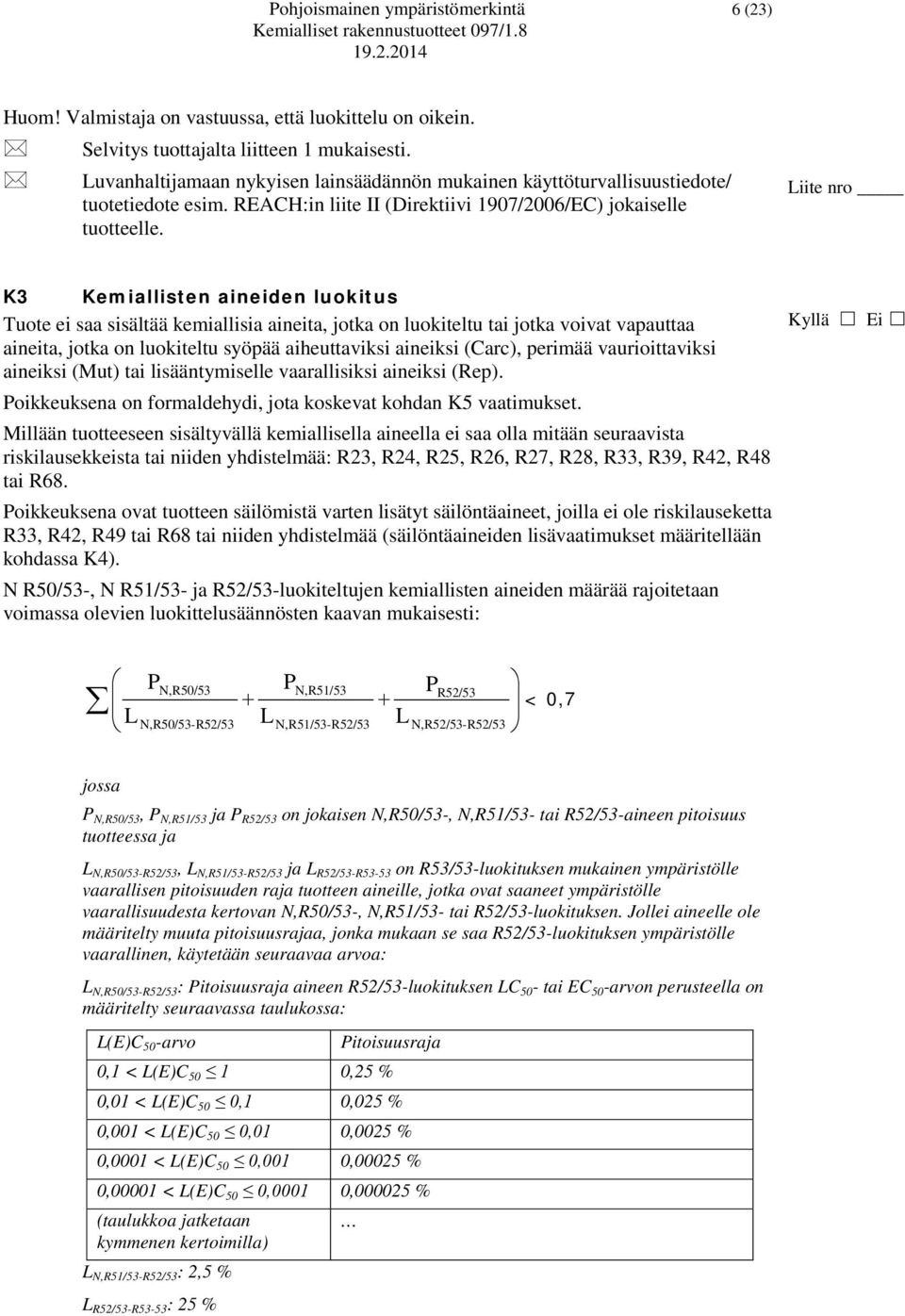 Liite nro K3 Kemiallisten aineiden luokitus Tuote ei saa sisältää kemiallisia aineita, jotka on luokiteltu tai jotka voivat vapauttaa aineita, jotka on luokiteltu syöpää aiheuttaviksi aineiksi