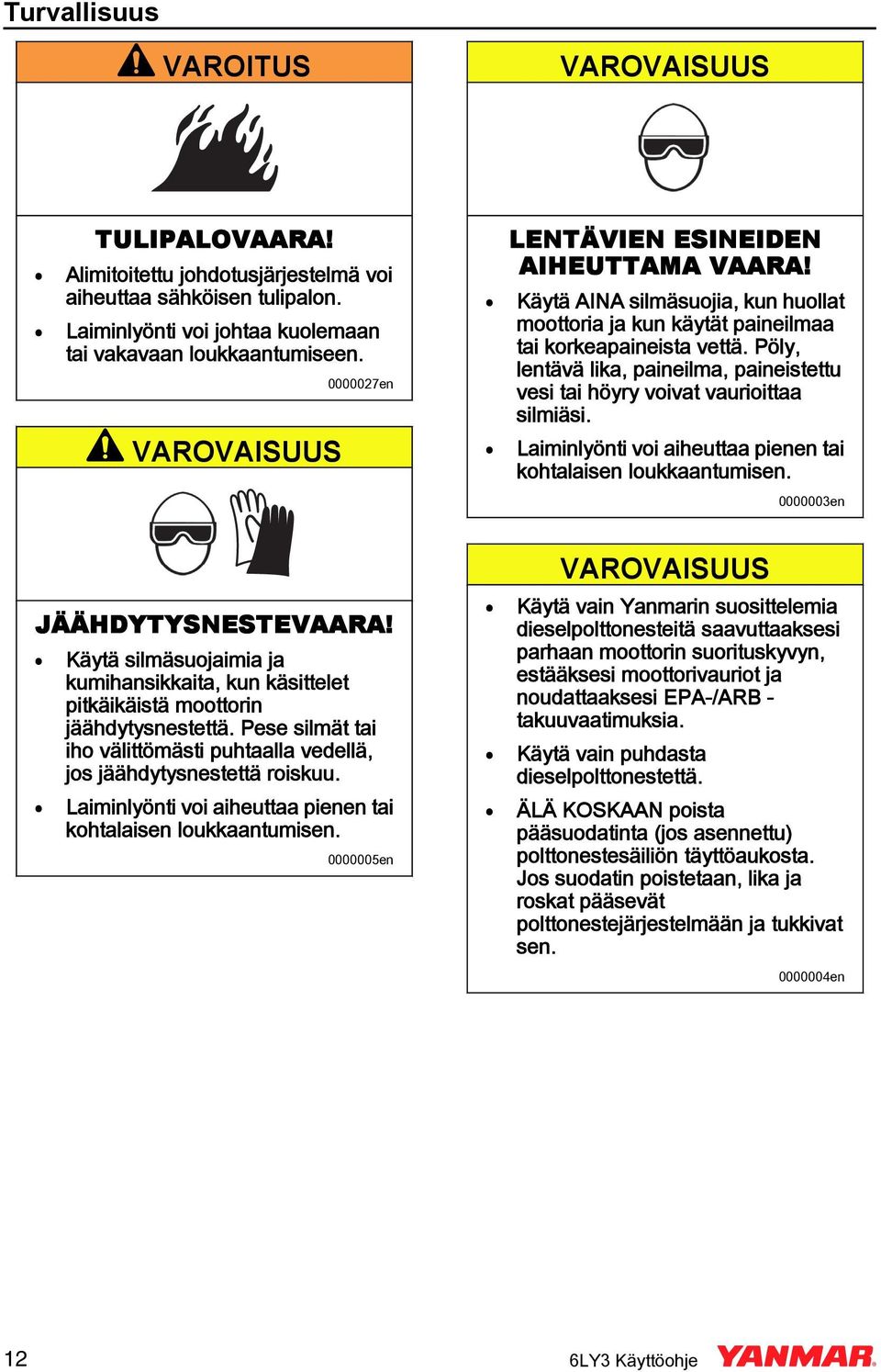 Laiminlyönti voi aiheuttaa pienen tai kohtalaisen loukkaantumisen. 0000003en JÄÄHDYTYSESTEVAARA! Käytä silmäsuojaimia ja kumihansikkaita, kun käsittelet pitkäikäistä moottorin jäähdytysnestettä.