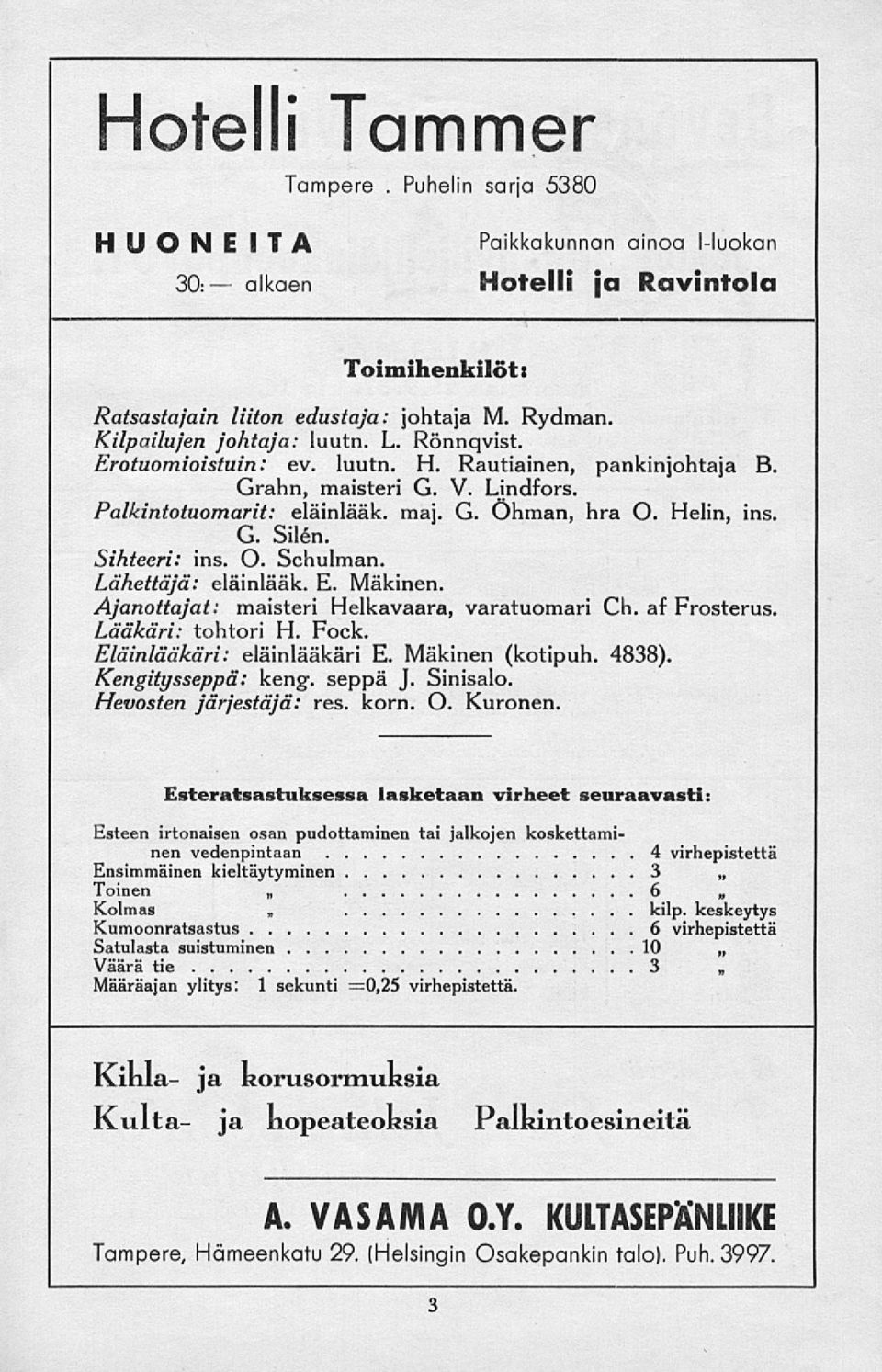 Sihteeri: ms. O. Schulman. Lähettäjä: eläinlääk. E. Mäkinen. Ajanottajat: maisteri Helkavaara, varatuomari Ch. af Frosterus. Lääkäri: tohtori H. Fock. Eläinlääkäri: eläinlääkäri E. Mäkinen (kotipuh.