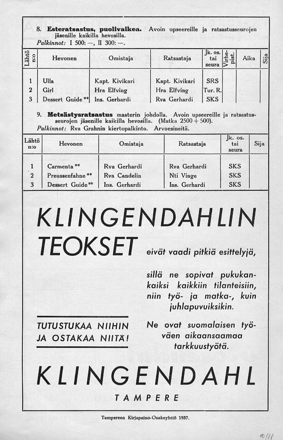 Avoin upseereille ja ratsastusseurojen jäsenille kaikilla hevosilla. (Matka 2500 + 500). Palkinnot: Rva Grahnin kiertopalkinto. Arvoesineitä. Hevonen Omistaja os.