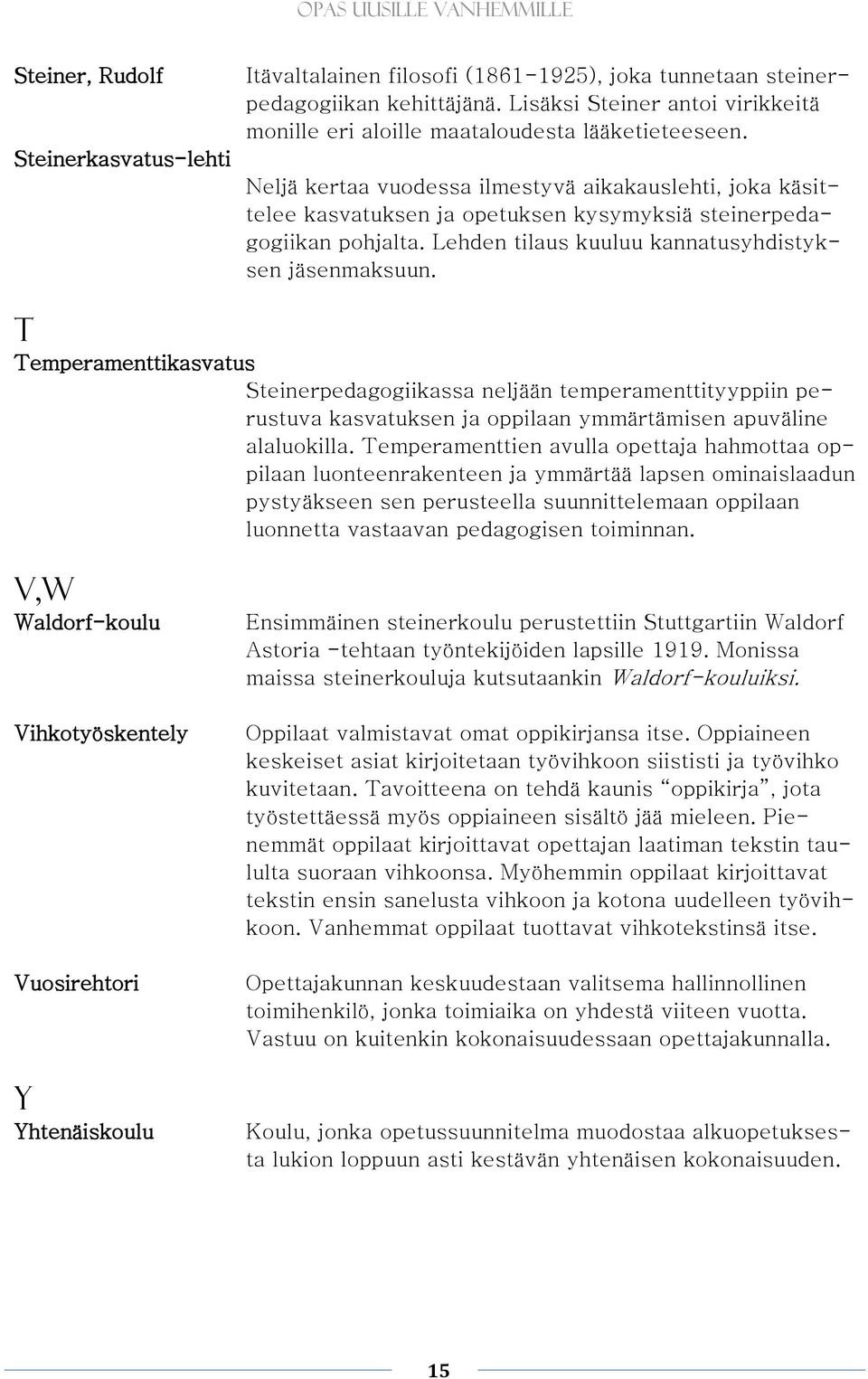 Neljä kertaa vuodessa ilmestyvä aikakauslehti, joka käsittelee kasvatuksen ja opetuksen kysymyksiä steinerpedagogiikan pohjalta. Lehden tilaus kuuluu kannatusyhdistyksen jäsenmaksuun.