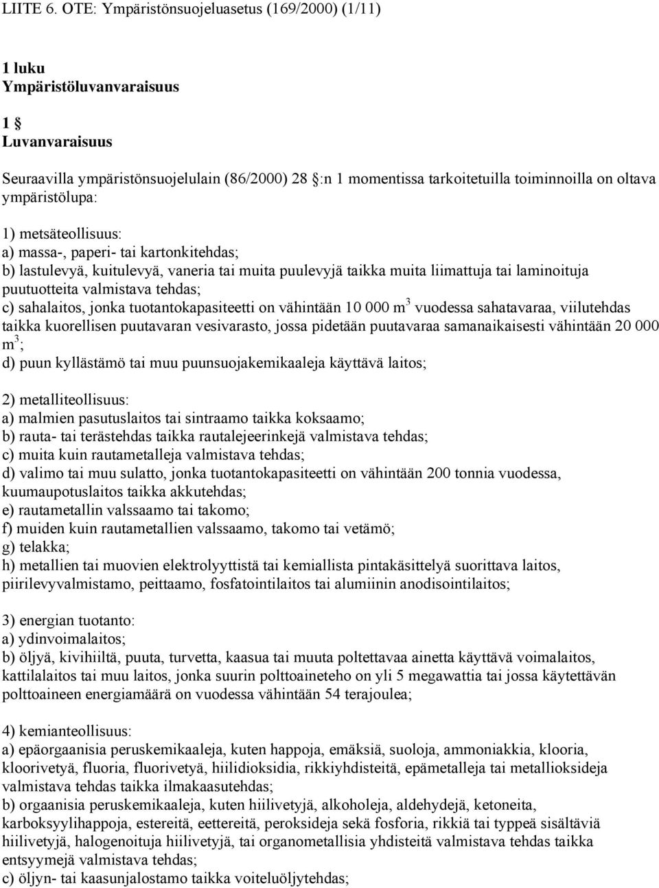 ympäristölupa: 1) metsäteollisuus: a) massa-, paperi- tai kartonkitehdas; b) lastulevyä, kuitulevyä, vaneria tai muita puulevyjä taikka muita liimattuja tai laminoituja puutuotteita valmistava