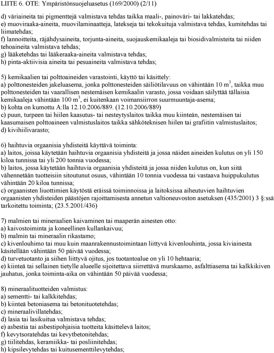 tekokuituja valmistava tehdas, kumitehdas tai liimatehdas; f) lannoitteita, räjähdysaineita, torjunta-aineita, suojauskemikaaleja tai biosidivalmisteita tai niiden tehoaineita valmistava tehdas; g)