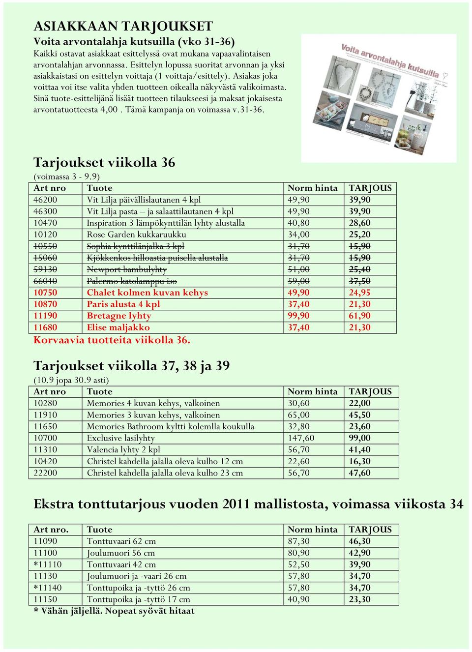 Sinä tuote-esittelijänä lisäät tuotteen tilaukseesi ja maksat jokaisesta arvontatuotteesta 4,00. Tämä kampanja on voimassa v.31-36. Tarjoukset viikolla 36 (voimassa 3-9.