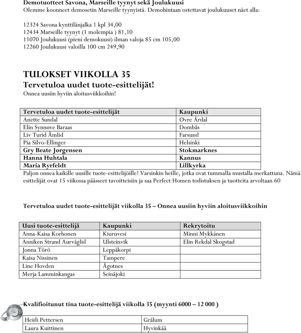 Joulukuusi valoilla 100 cm 249,90 TULOKSET VIIKOLLA 35 Tervetuloa uudet tuote-esittelijät! Onnea uusiin hyviin aloitusviikkoihin!