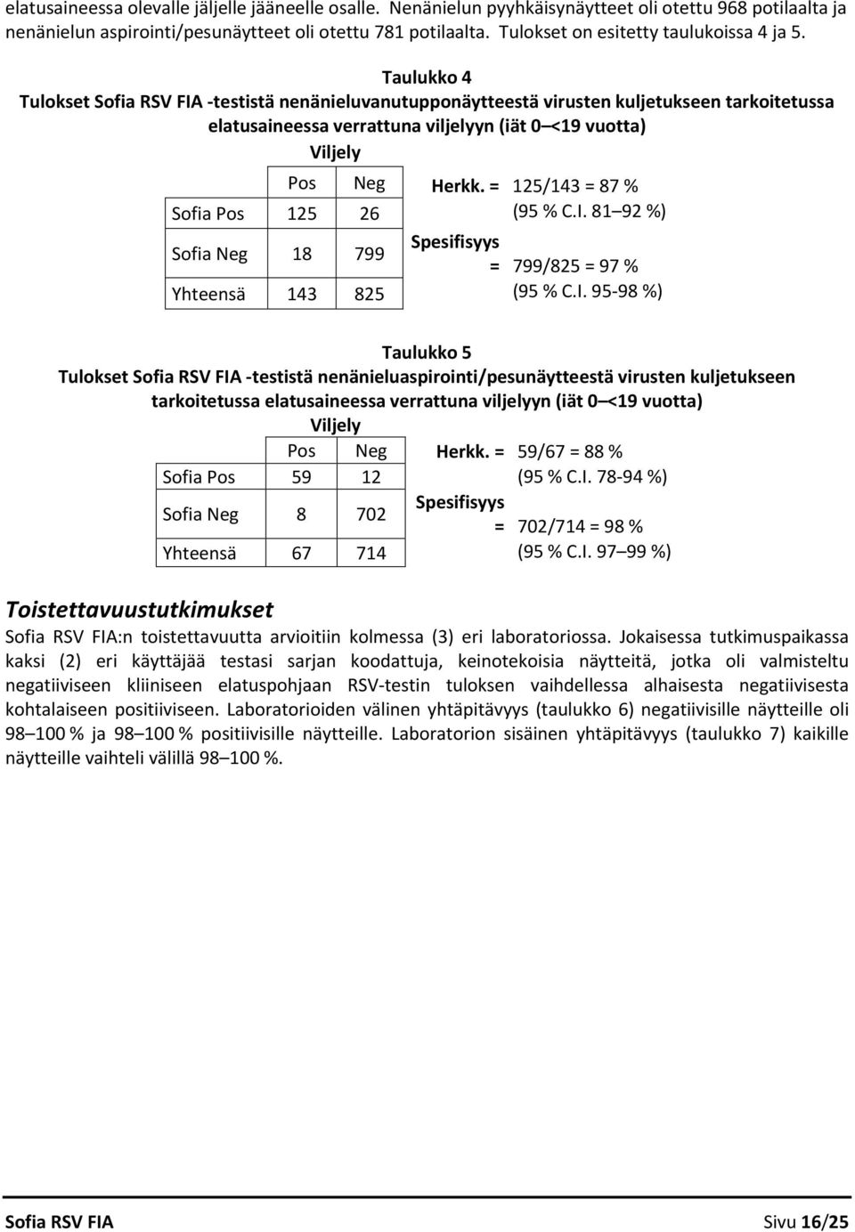 Taulukko 4 Tulokset Sofia RSV FIA testistä nenänieluvanutupponäytteestä virusten kuljetukseen tarkoitetussa elatusaineessa verrattuna viljelyyn (iät 0 <19 vuotta) Viljely Pos Neg Herkk.