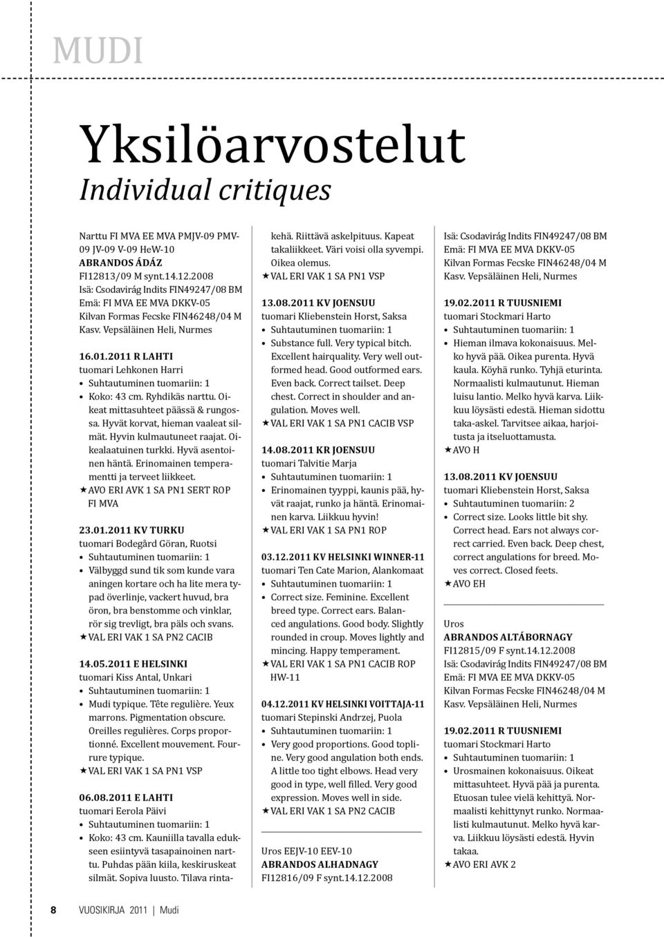 2011 R LAHTI tuomari Lehkonen Harri Koko: 43 cm. Ryhdikäs narttu. Oikeat mittasuhteet päässä & rungossa. Hyvät korvat, hieman vaaleat silmät. Hyvin kulmautuneet raajat. Oikealaatuinen turkki.