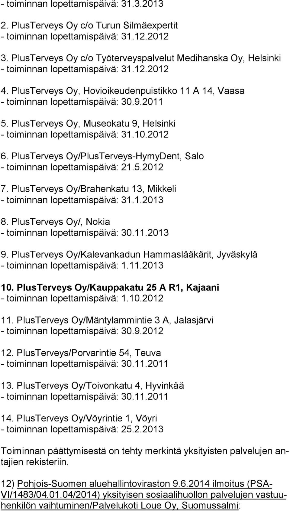 PlusTerveys Oy, Museokatu 9, Helsinki - toiminnan lopettamispäivä: 31.10.2012 6. PlusTerveys Oy/PlusTerveys-HymyDent, Salo - toiminnan lopettamispäivä: 21.5.2012 7.