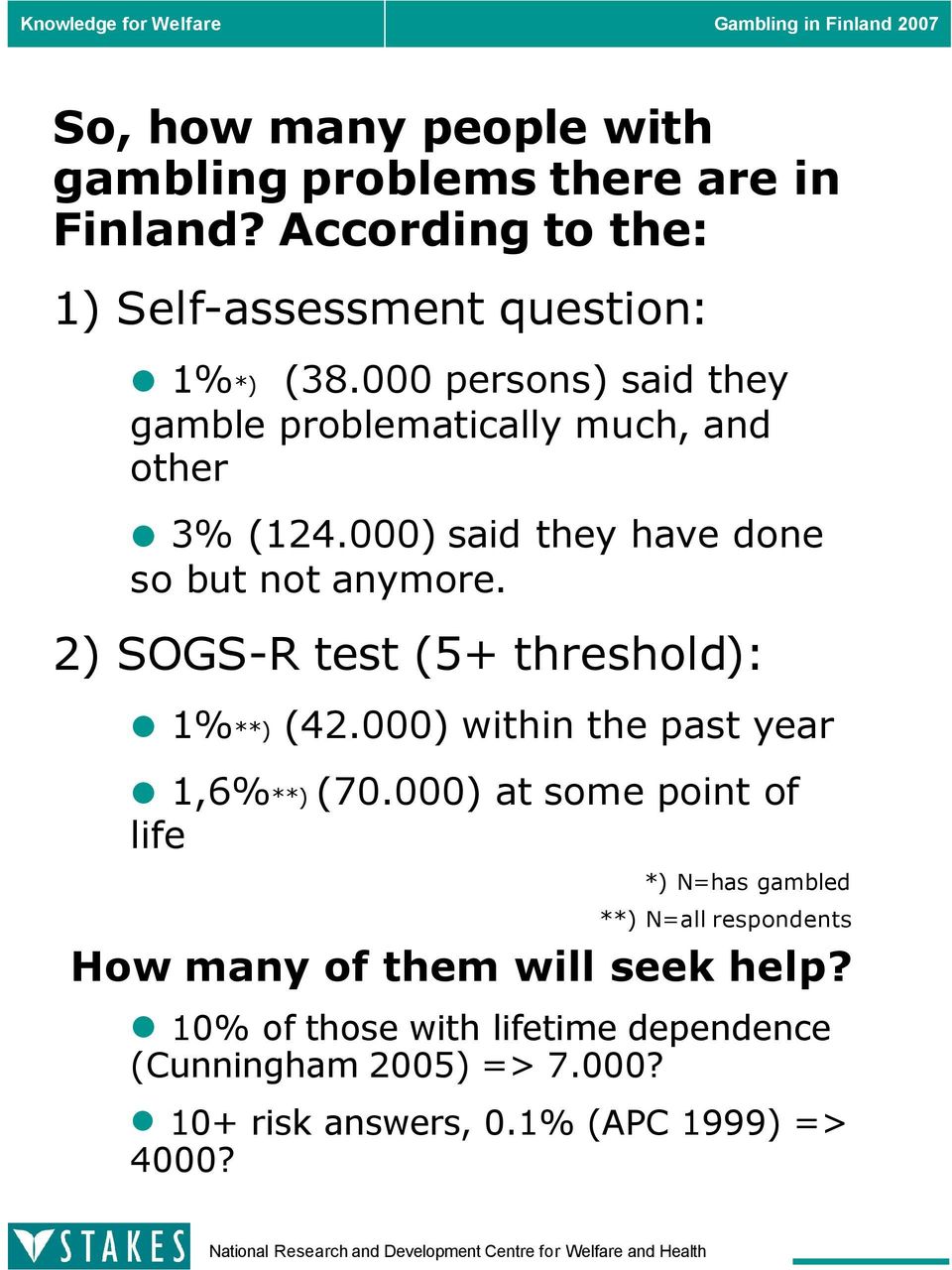 2) SOGS-R test (5+ threshold): 1%**) (42.000) within the past year 1,6%**) (70.