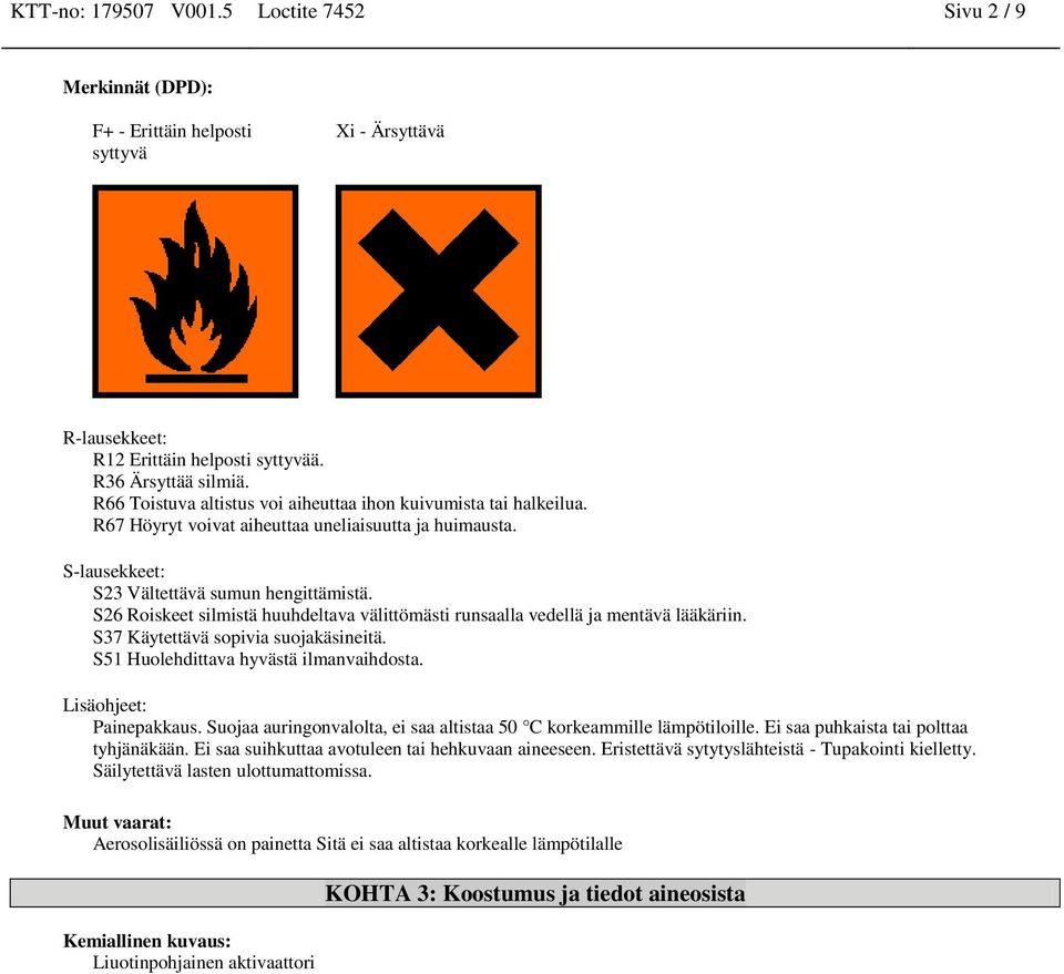 S26 Roiskeet silmistä huuhdeltava välittömästi runsaalla vedellä ja mentävä lääkäriin. S37 Käytettävä sopivia suojakäsineitä. S51 Huolehdittava hyvästä ilmanvaihdosta. Lisäohjeet: Painepakkaus.
