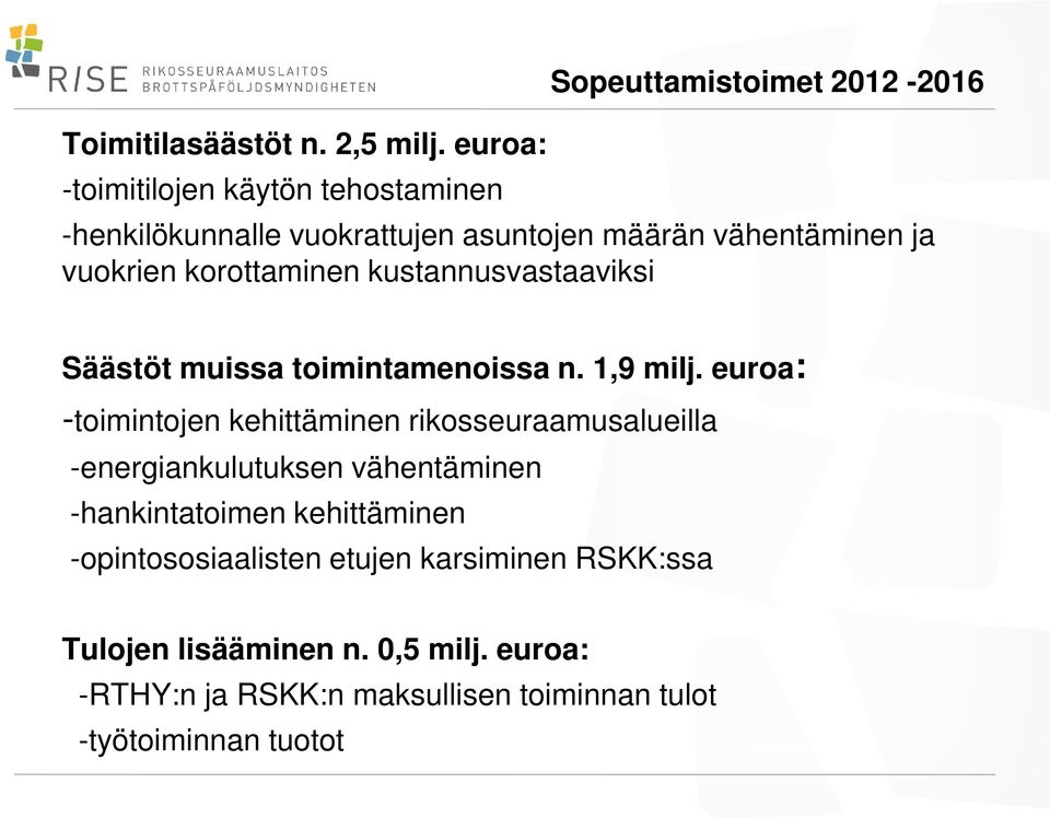 ja vuokrien korottaminen kustannusvastaaviksi Säästöt muissa toimintamenoissa n. 1,9 milj.