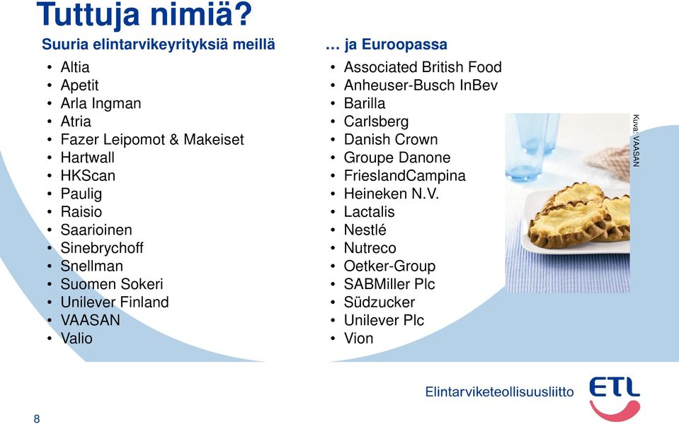 Paulig Raisio Saarioinen Sinebrychoff Snellman Suomen Sokeri Unilever Finland VAASAN Valio ja Euroopassa