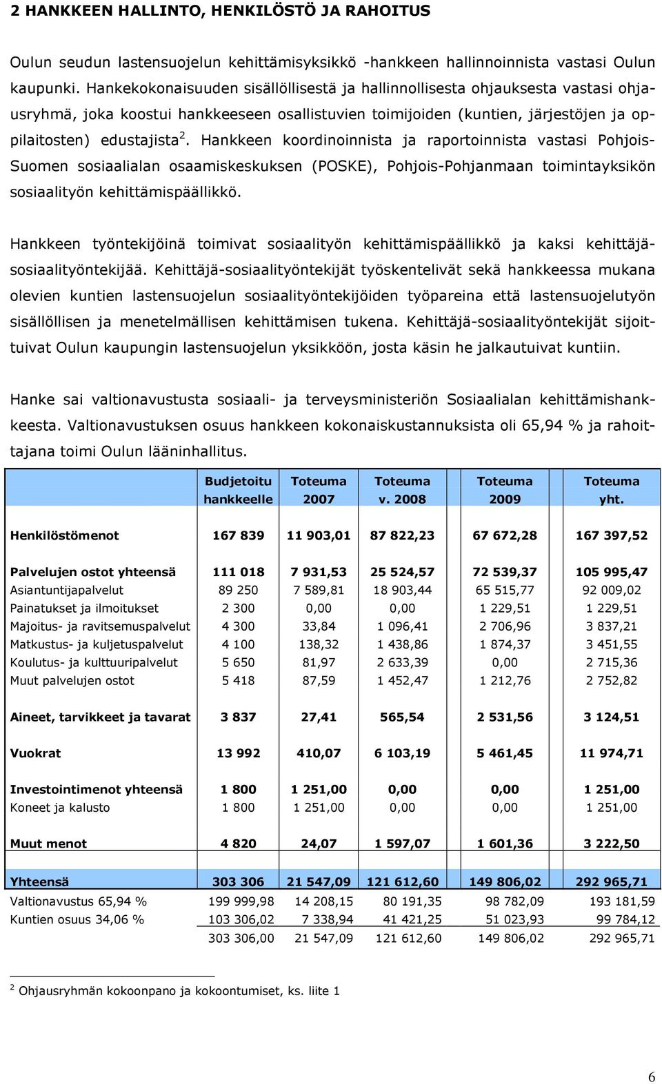 Hankkeen koordinoinnista ja raportoinnista vastasi Pohjois- Suomen sosiaalialan osaamiskeskuksen (POSKE), Pohjois-Pohjanmaan toimintayksikön sosiaalityön kehittämispäällikkö.