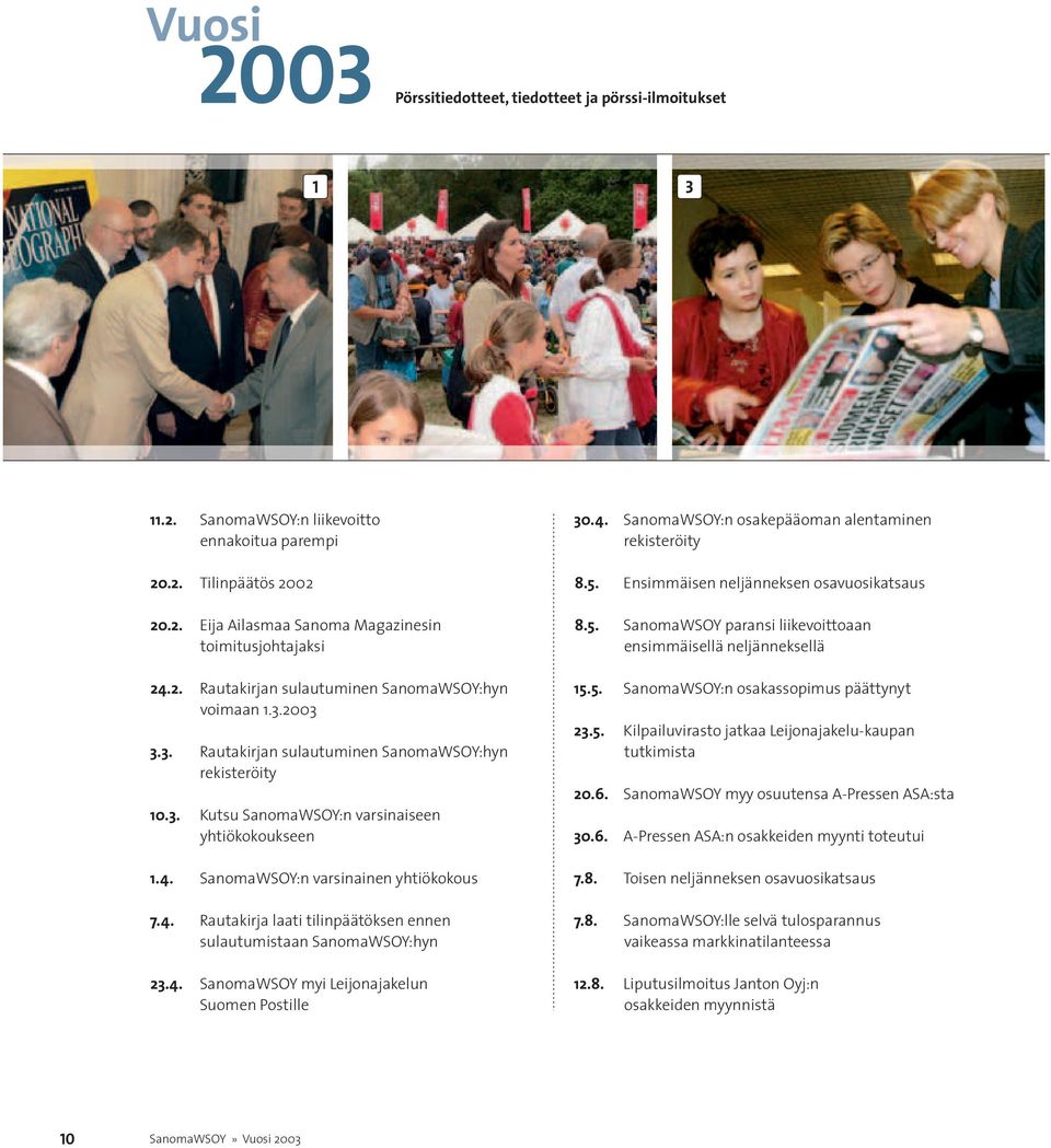 SanomaWSOY:n varsinainen yhtiökokous 7.4. Rautakirja laati tilinpäätöksen ennen sulautumistaan SanomaWSOY:hyn 23.4. SanomaWSOY myi Leijonajakelun Suomen Postille 30.4. SanomaWSOY:n osakepääoman alentaminen rekisteröity 8.