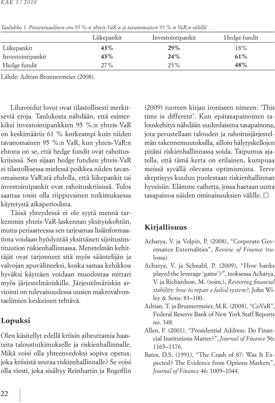 Lähde: Adrian-Brunnermeier (2008). Lihavoidut luvut ovat tilastollisesti merkitseviä eroja.