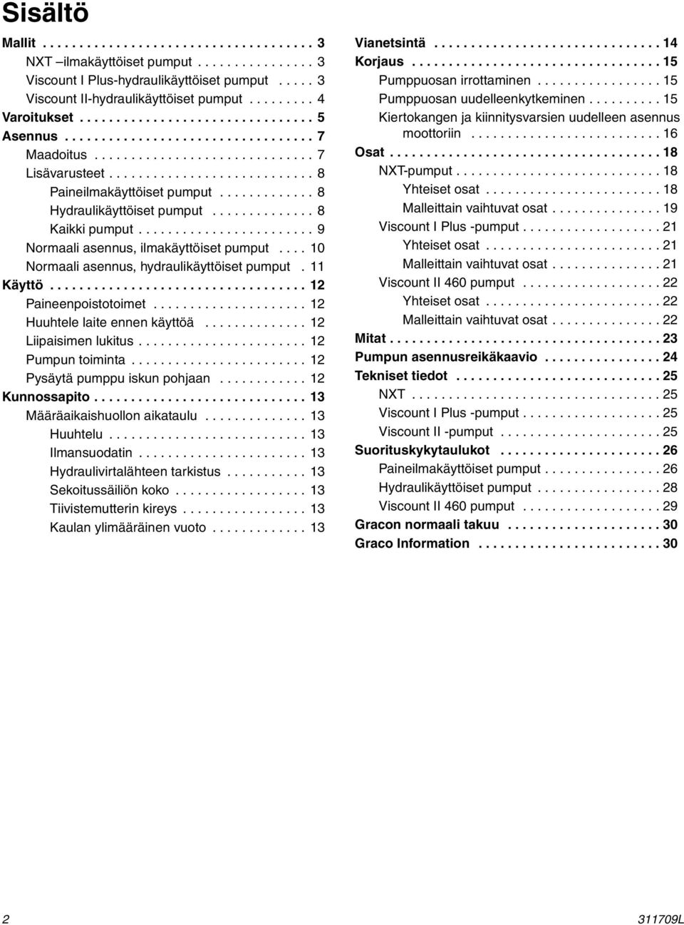............ 8 Hydraulikäyttöiset pumput.............. 8 Kaikki pumput........................ 9 Normaali asennus, ilmakäyttöiset pumput.... 10 Normaali asennus, hydraulikäyttöiset pumput. 11 Käyttö.
