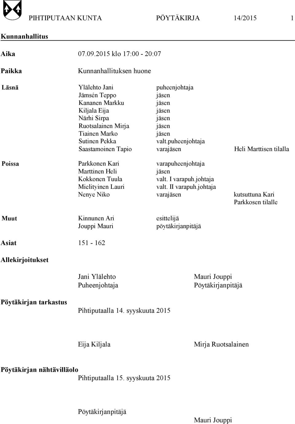 Marko jäsen Sutinen Pekka valt.puheenjohtaja Saastamoinen Tapio varajäsen Heli Marttisen tilalla Poissa Parkkonen Kari varapuheenjohtaja Marttinen Heli jäsen Kokkonen Tuula valt. I varapuh.