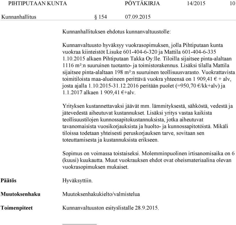 2015 alkaen Pihtiputaan Takka Oy:lle. Tiloilla sijaitsee pinta-alaltaan 1116 m²:n suuruinen tuotanto- ja toimistorakennus.