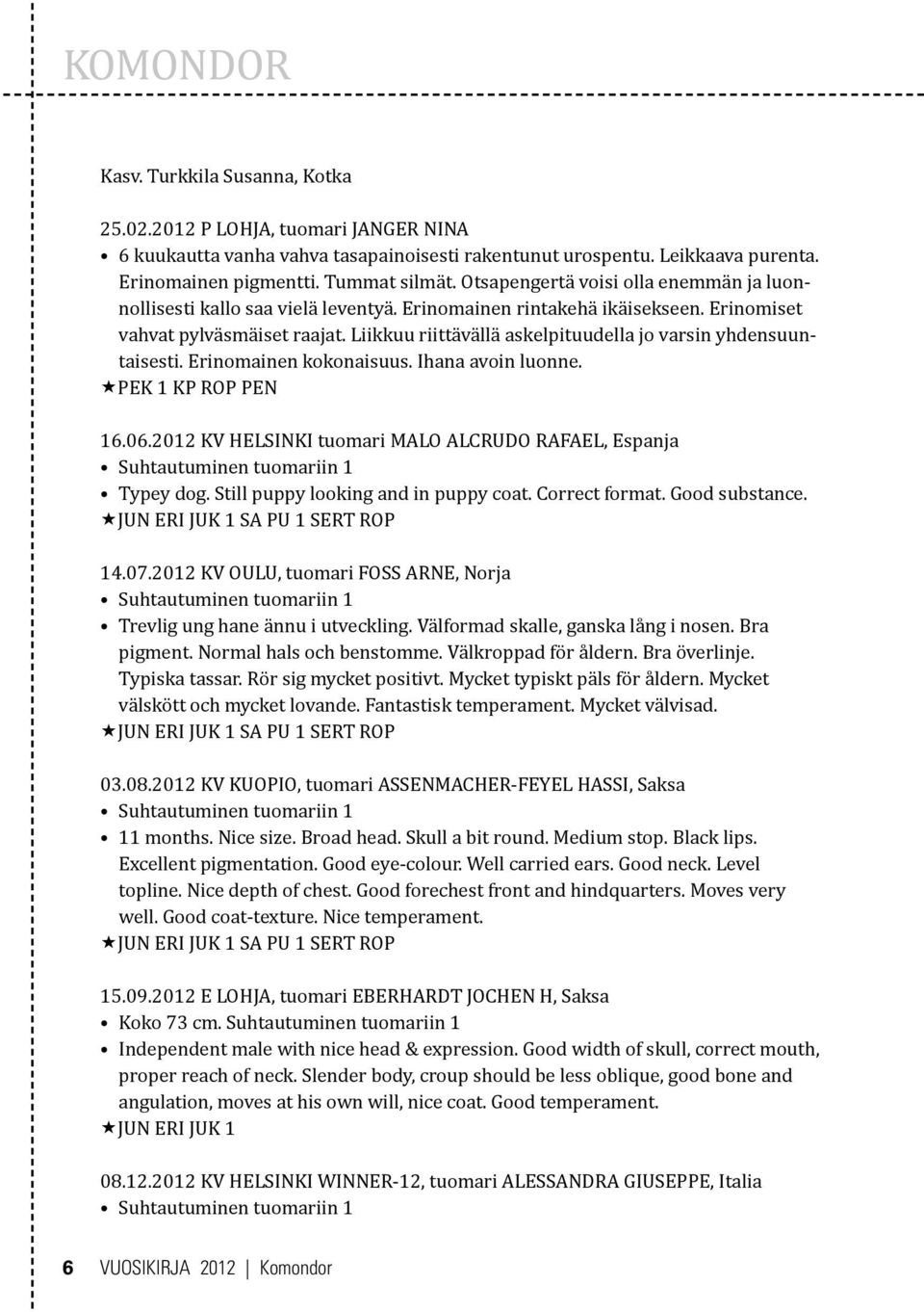 Liikkuu riittävällä askelpituudella jo varsin yhdensuuntaisesti. Erinomainen kokonaisuus. Ihana avoin luonne. «PEK 1 KP ROP PEN 16.06.2012 KV HELSINKI tuomari MALO ALCRUDO RAFAEL, Espanja Typey dog.