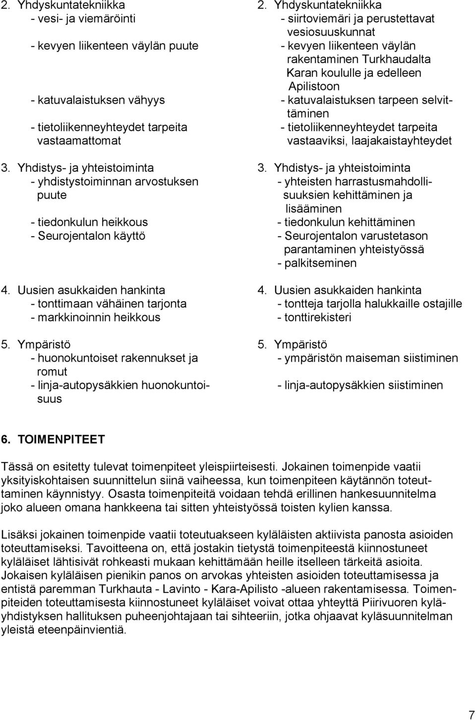 edelleen Apilistoon - katuvalaistuksen vähyys - katuvalaistuksen tarpeen selvittäminen - tietoliikenneyhteydet tarpeita - tietoliikenneyhteydet tarpeita vastaamattomat vastaaviksi,