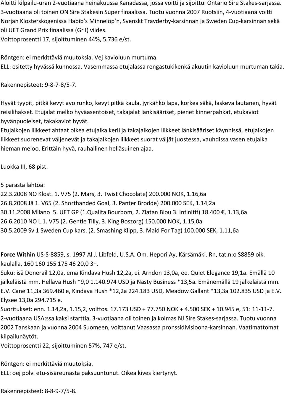 Voittoprosentti 17, sijoittuminen 44%, 5.736 e/st. Vej kavioluun murtuma. ELL: esitetty hyvässä kunnossa. Vasemmassa etujalassa rengastukikenkä akuutin kavioluun murtuman takia.