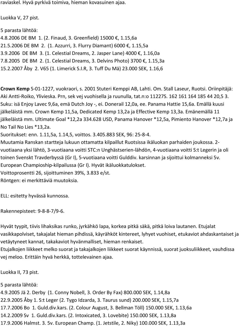 Tuff Du Mä) 23.000 SEK, 1.16,6 Crown Kemp S 01 1227, vuokraori, s. 2001 Stuteri Kemppi AB, Lahti. Om. Stall Laseur, Ruotsi. Oriinpitäjä: Aki Antti Roiko, Ylivieska.