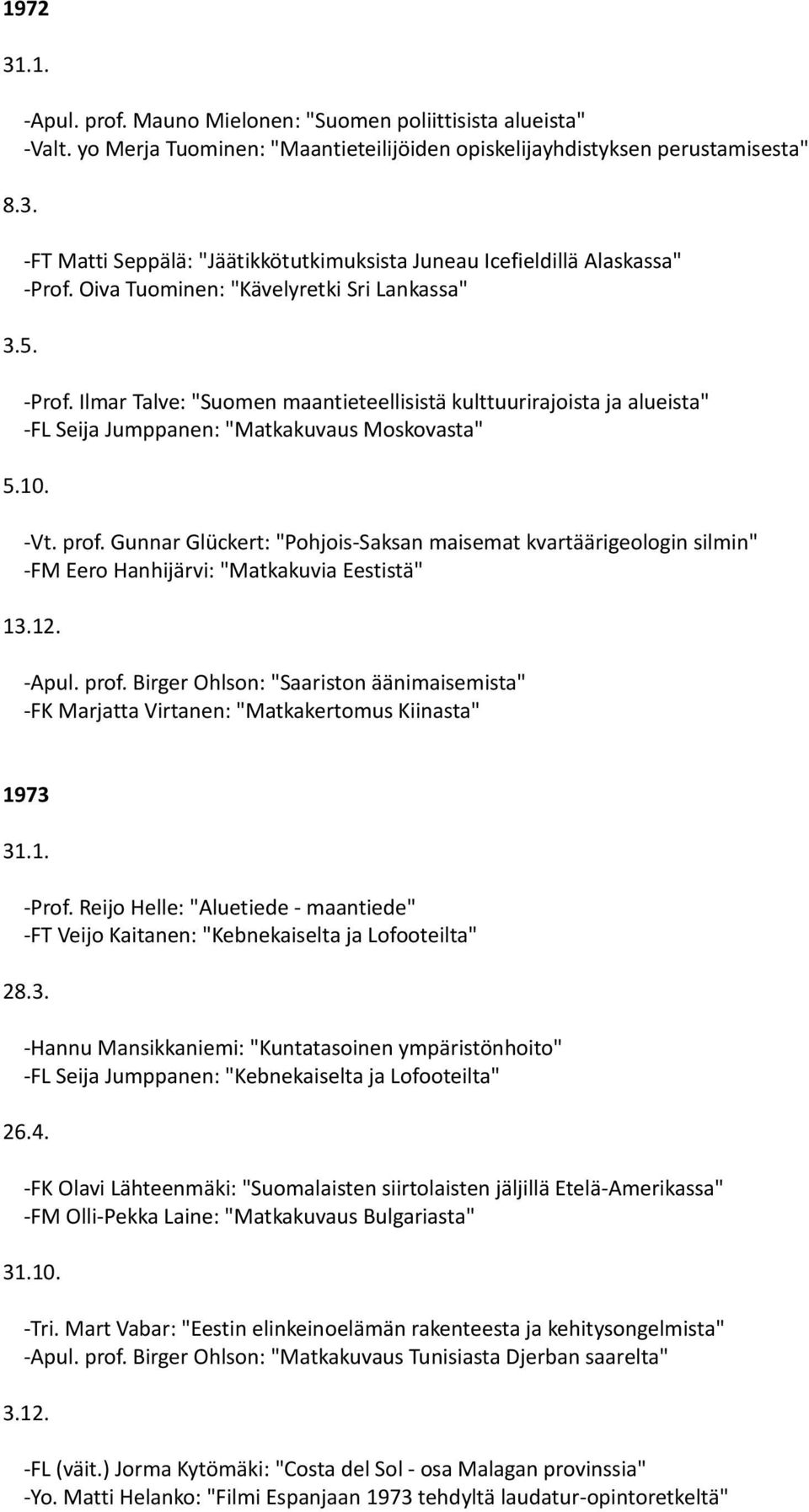 10. -Vt. prof. Gunnar Glückert: "Pohjois-Saksan maisemat kvartäärigeologin silmin" -FM Eero Hanhijärvi: "Matkakuvia Eestistä" 13.12. -Apul. prof. Birger Ohlson: "Saariston äänimaisemista" -FK Marjatta Virtanen: "Matkakertomus Kiinasta" 1973 -Prof.